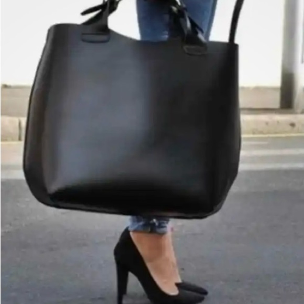 Zara Woman Buffalo Leather Olivia Polermo Shopper Bag in Black